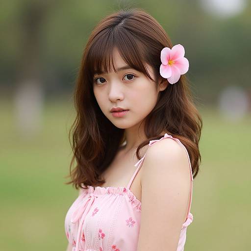 Photograph of an East Asian woman with medium-length brown hair, pink flower in hair, wearing a pink floral dress, standing in a blurred green outdoor