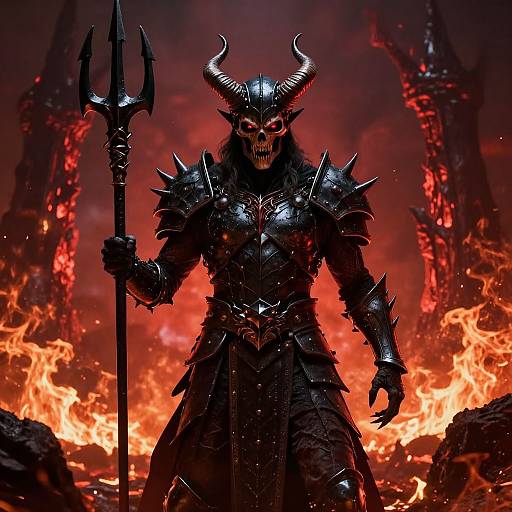 Digital artwork of a demonic warrior with black, spiked armor, horned helmet, skull face, and trident, standing amidst fiery red lava.