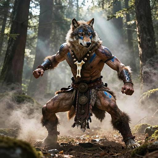 Digital artwork of a muscular, anthropomorphic wolf warrior with blue tribal tattoos, wearing a fur and leather loincloth, standing in a sunlit forest