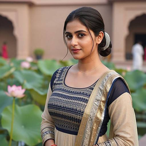 Photograph of a beautiful Indian woman with dark hair in a bun, wearing a traditional black and gold embroidered kameez, standing in front of a