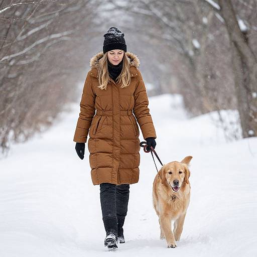 Photograph of a blonde woman in a brown puffer coat, black beanie, and gloves, walking a golden retriever on a snowy, leaf