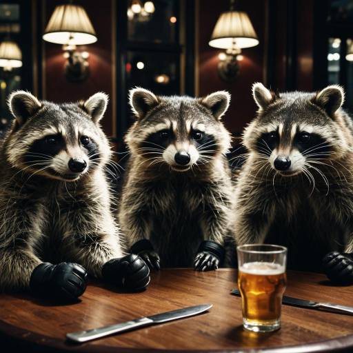 Three Raccoons Wearing Boxing Gloves in Restaurant