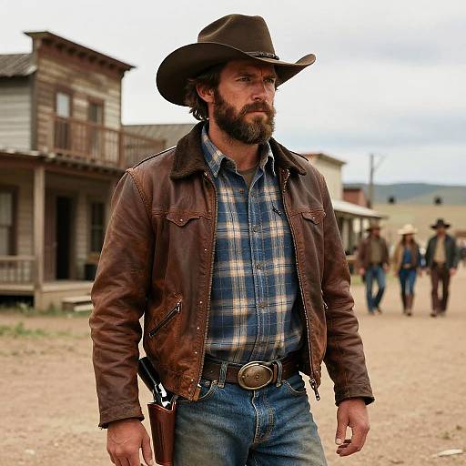 Photograph of a rugged bearded man in a brown leather jacket, blue plaid shirt, and black hat, standing in a dusty Western town with