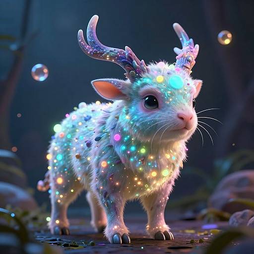 Digital CGI image of a glowing, fluffy, white, reindeer-like creature with colorful LED lights, large eyes, and antlers, standing in a