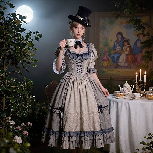 Photograph of a Victorian woman in a grey lace dress with black trim, top hat, holding a teacup, moonlit, candlelit tea