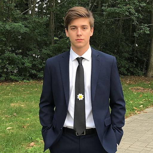 Photograph of a young Caucasian man with brown hair, wearing a dark blue suit, white shirt, black tie with a daisy, standing outdoors on