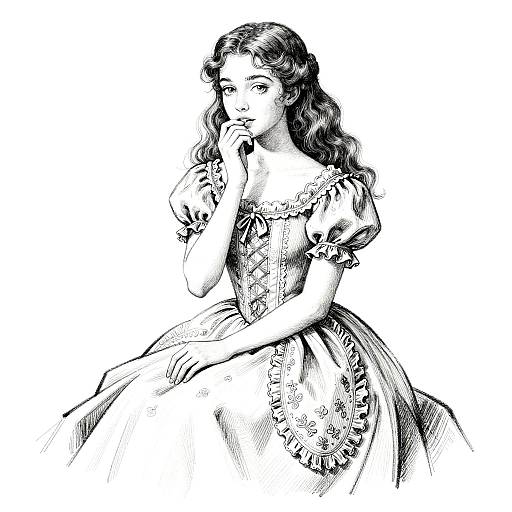 Black and white ink drawing of a young woman with wavy hair, wearing a detailed, puffed-sleeve, lace-trimmed dress,