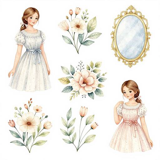 Watercolor Clip-Art Set with Women, Flowers, and Ornate Mirror