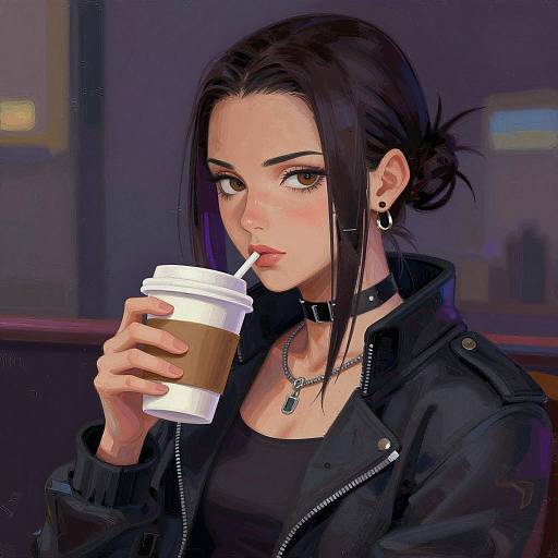 Digital illustration of a dark-haired woman with fair skin, wearing a black choker, jacket, and necklace, sipping a coffee in a dimly