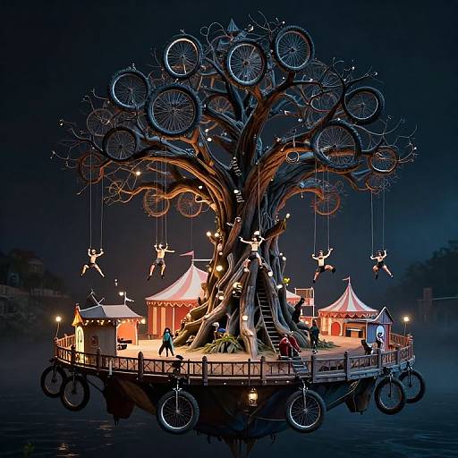 Photograph of a whimsical, floating tree festival booth at night, adorned with hanging bicycles, lanterns, and tiny fairy lights, surrounded by illuminated