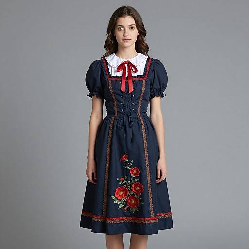 Young Woman in Traditional Dark Blue Dress