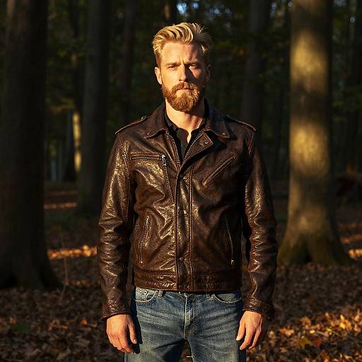 Photograph of a blonde bearded man with a serious expression, wearing a black leather jacket and blue jeans, standing in a sunlit forest with tall