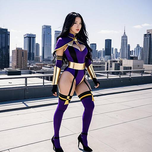 Woman in Royal Purple Cosplay Bodysuit on Rooftop