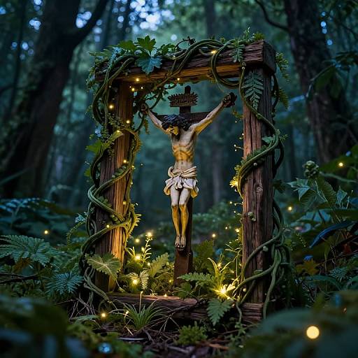Photograph of a crucified Jesus statue in a lush, dark forest, surrounded by glowing fairy lights and vines, with a wooden arch overhead.