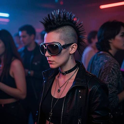 Photograph of a punk woman with a mohawk, black leather jacket, sunglasses, choker, and spiked earrings, standing in a dimly lit