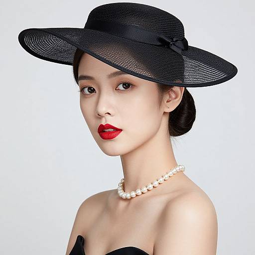 Photograph of an elegant Asian woman with fair skin, red lipstick, black hat with bow, pearl necklace, and strapless black top.