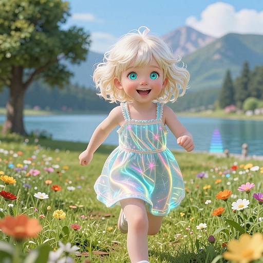 CGI image of a blonde, blue-eyed toddler in a shimmering, star-patterned dress, running joyfully through a colorful meadow with a