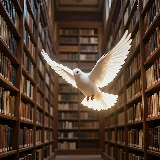 Photograph of a white dove in mid-flight through a dimly lit, narrow library aisle filled with tall, wooden bookshelves.