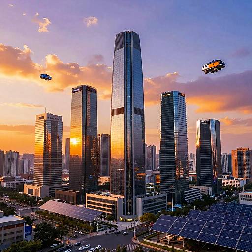 Futuristic Solar-Powered Cityscape at Sunset