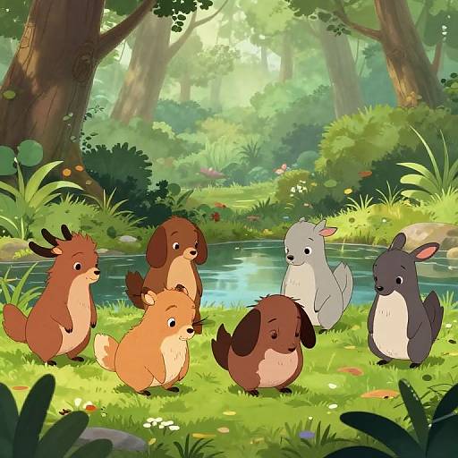 Whimsical forest scene illustration of six cute, fluffy, anthropomorphic animals with various fur colors standing by a serene pond surrounded by lush greenery.