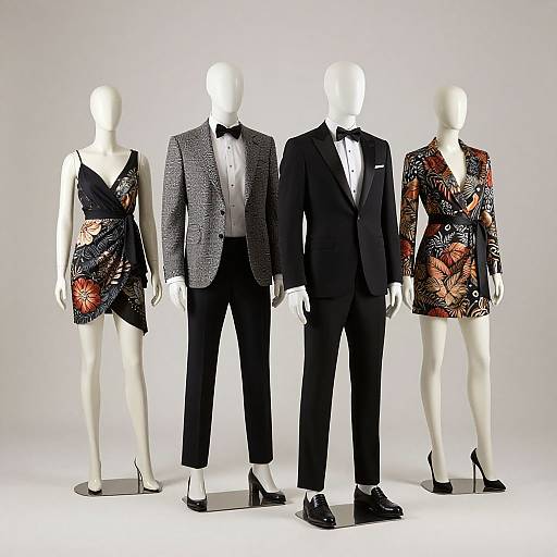 Photograph of four white mannequins in formal attire: two in black floral dresses, one in a gray blazer and black bow tie,