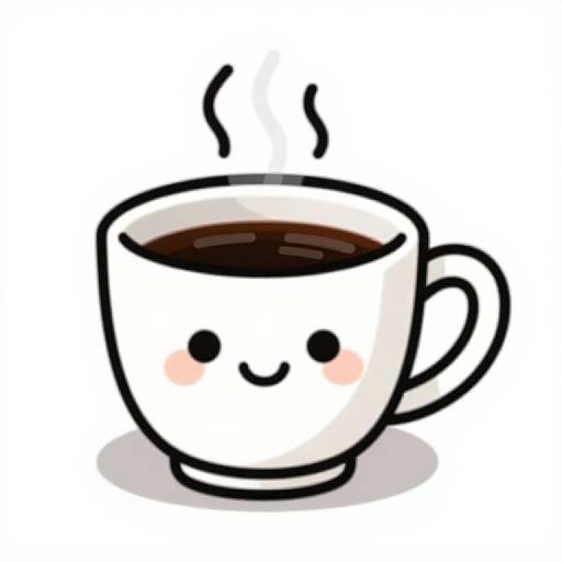Cute digital drawing of a white cup with black coffee, smiling face, and blushed cheeks, with three steam lines above.