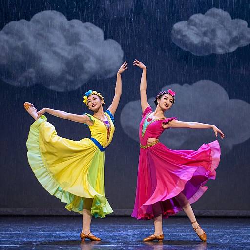 Vibrant Dancers in Whimsical Rain