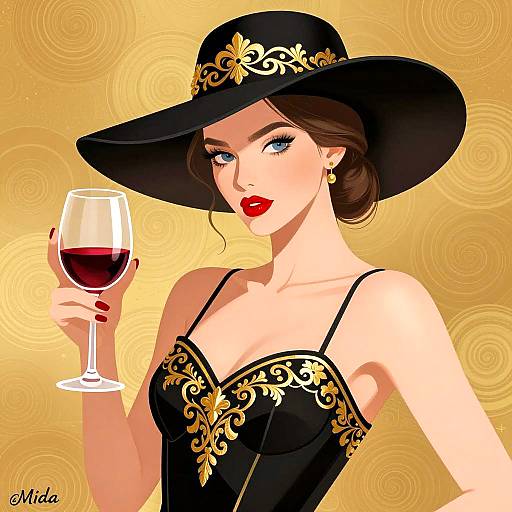 Elegant Woman with Red Wine Illustration
