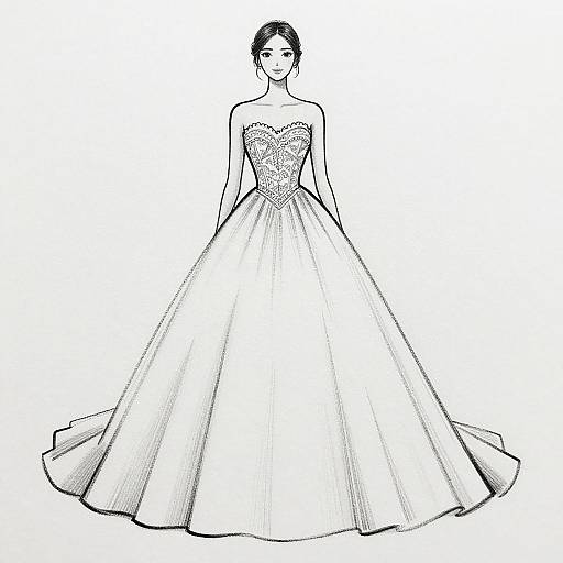 Black-and-white sketch of a woman in a strapless, sweetheart neckline wedding gown with a fitted bodice and full, flowing skirt.