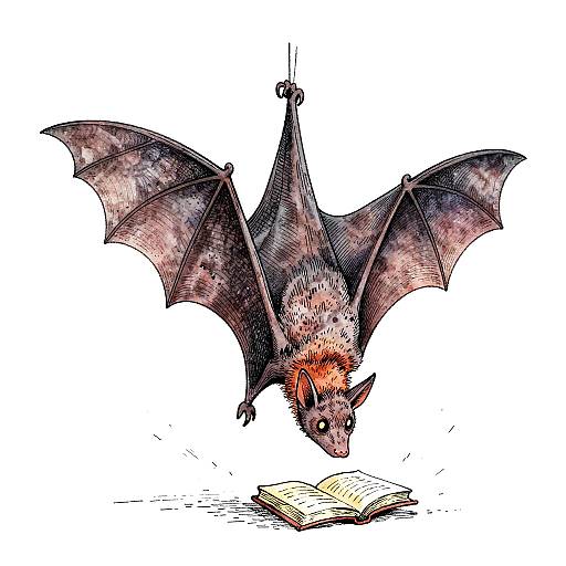 Whimsical Bat Reading Illustration