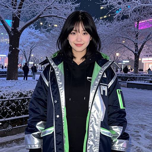 Young Asian woman with black hair, smiling, wearing a shiny black and green winter jacket, standing in a snowy urban park at night.