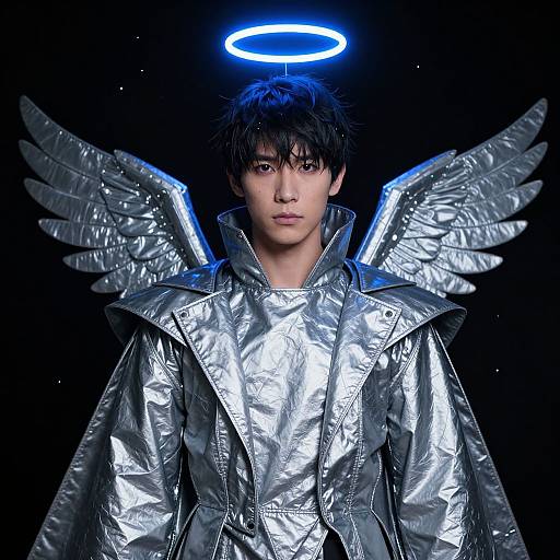Photograph of a young man with messy black hair, silver metallic wings, and halo, wearing a shiny silver jacket, against a black background.