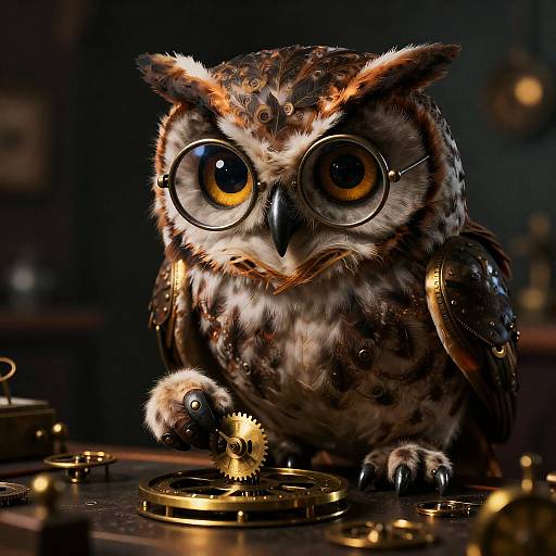 Steampunk Owl Inventor at Workbench
