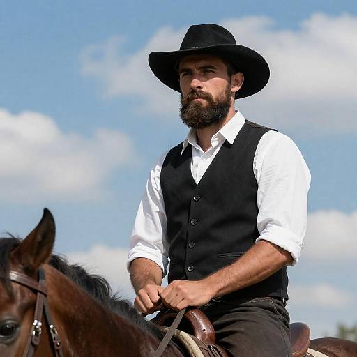 Rugged Cowboy on Horseback Under Blue Sky