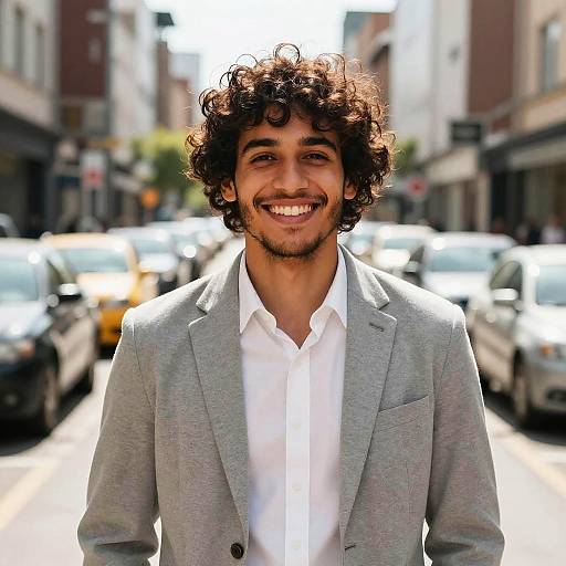 Photograph of a smiling young man with curly brown hair, medium skin tone, wearing a light gray blazer and white shirt, standing on a sun