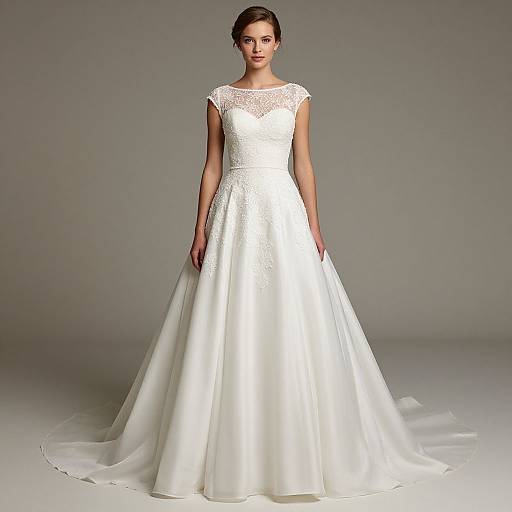 Photograph of a young woman in a white, lace-trimmed, sleeveless wedding gown with a full skirt and trailing train, standing against a