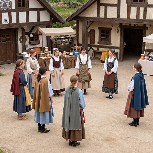 Photograph of six people in historical European peasant clothing, standing in a cobblestone courtyard between two timber-framed houses, engaging in a conversation.