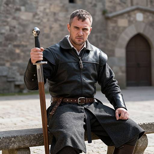 Photograph of a serious, muscular man in medieval black leather armor, holding a sword, seated on a stone bench against a stone castle wall.