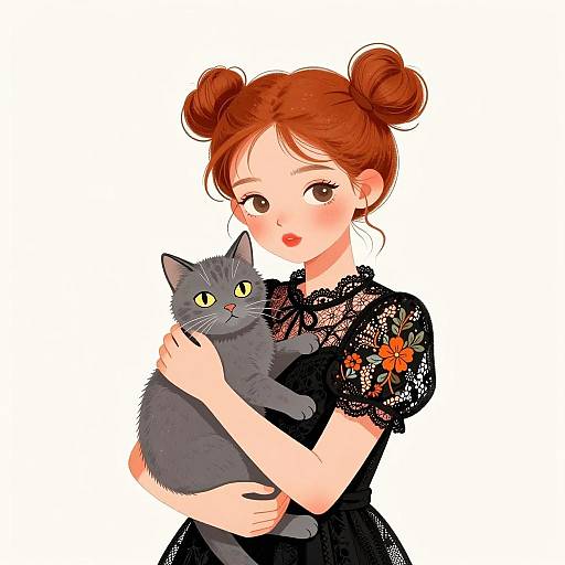 Girl with Red Hair Holding Gray Cat
