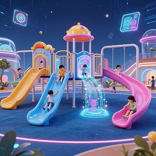 Digital illustration of a neon-lit, futuristic playground with four children playing on colorful slides and a glowing, blue spiral tunnel.