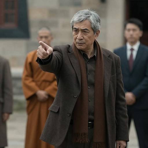Photograph of an older Asian man with gray hair, wearing a brown suit and scarf, pointing forward, with a monk in orange robes and a man