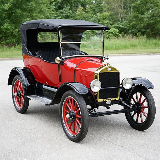 Photograph of a vintage, red, open-top automobile with black wheels, black fenders, and a black canvas roof, parked on a roadside with