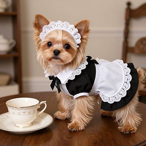 Photograph of a small, tan Yorkshire Terrier puppy wearing a black and white French maid outfit, standing on a wooden table with a white teac
