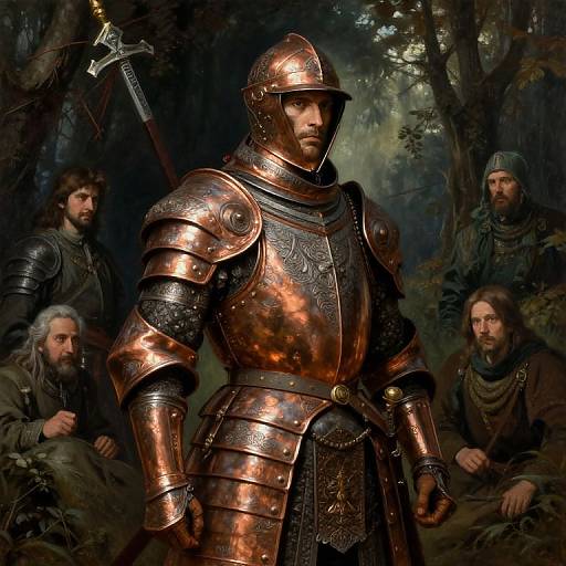 Digital painting of a medieval knight in polished copper armor, standing in a dark forest with three bearded comrades, sword visible behind him.