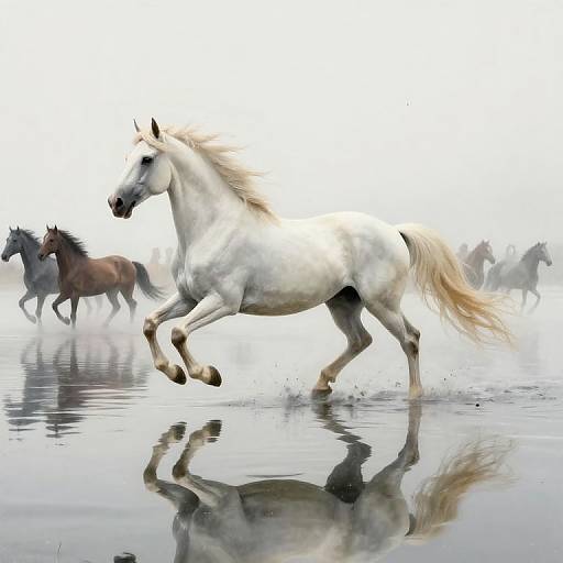 Dynamic digital artwork of a powerful white horse galloping on a reflective, watery surface, with other horses in the misty background.