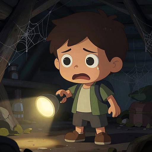 Cartoon boy with brown hair, green shirt, and backpack, holding flashlight, scared in dark, spider-webbed cave, illuminated by beam.