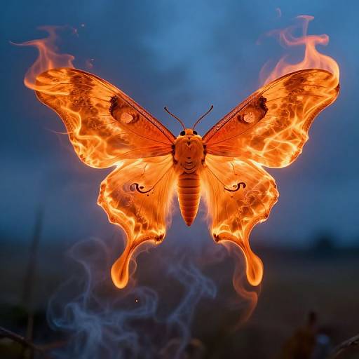 Photograph of an orange butterfly with fiery wings, glowing against a dark blue, smoky background, creating a surreal, magical effect.