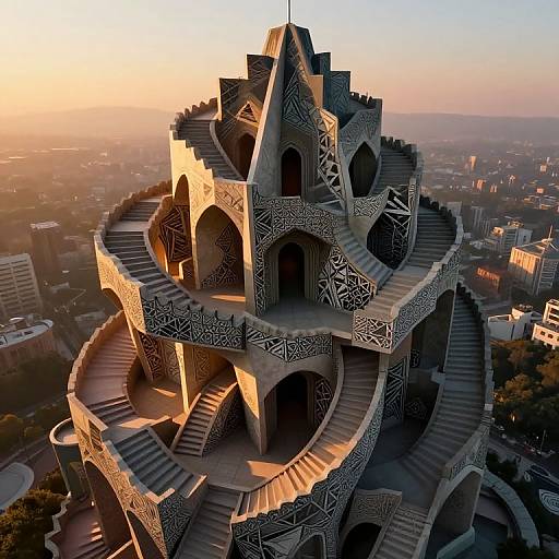 Photograph of a spiral, multi-tiered, Islamic-inspired architectural structure with intricate black and white geometric patterns, illuminated by sunset light, overlooking a city