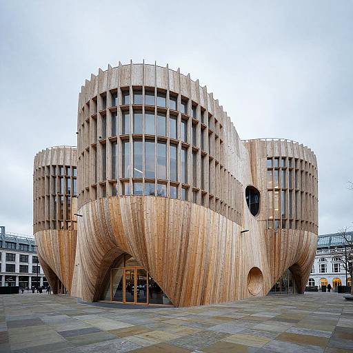 Photograph of a modern, cylindrical building with wooden, wave-like, textured facade, large windows, and geometric cutouts, set in an urban plaza