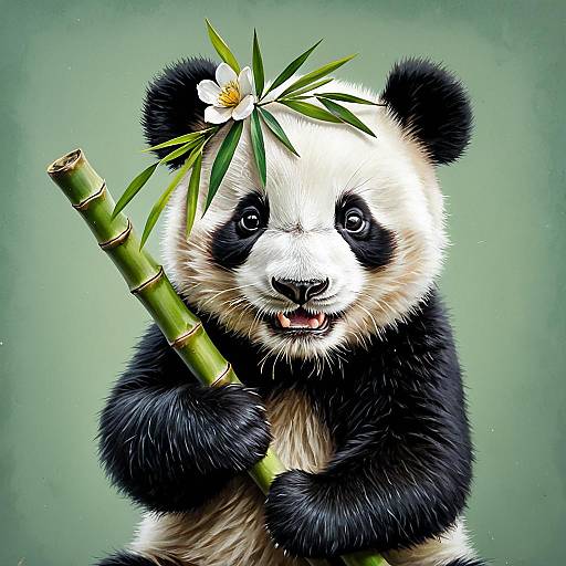 Joyful Baby Panda with Bamboo and Flower Crown